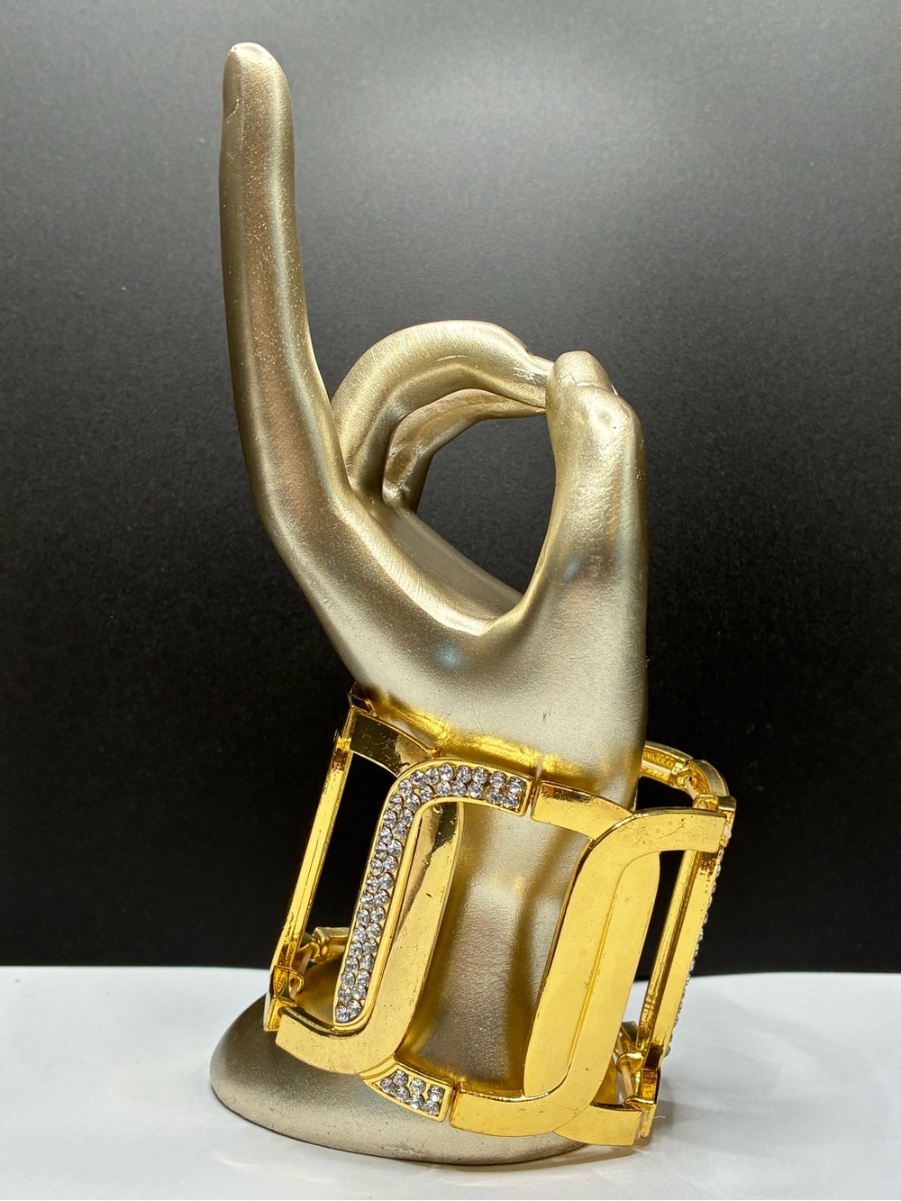 Geometric Glossy Gold-Tone Statement Link Stretch Bracelet with Crystal Accents